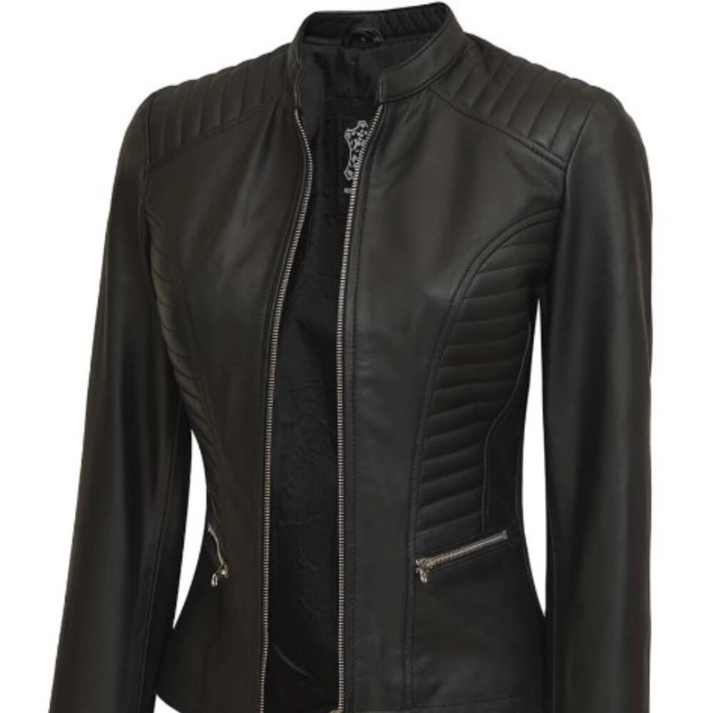 Women's Black Slim Fit Cafe Racer Real Leather Jacket